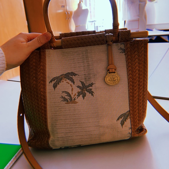 • Vtg. Brahmin woven straw bamboo handled canvas palm tree bag • - Picture 4 of 9
